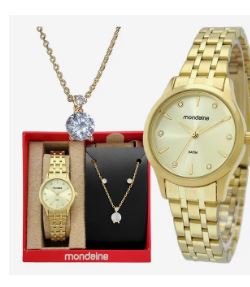Relógio Mondaine Feminino Dourado com Colar e Brincos