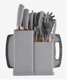 Kit 19 Utensílios de Cozinha Silicone com Cabo de Madeira Cinza